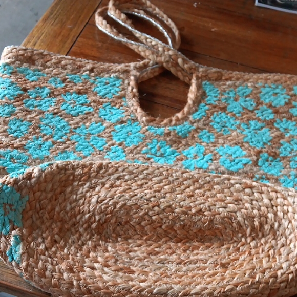 Handwoven Tan and Blue Tote Bag - Picture 1 of 4